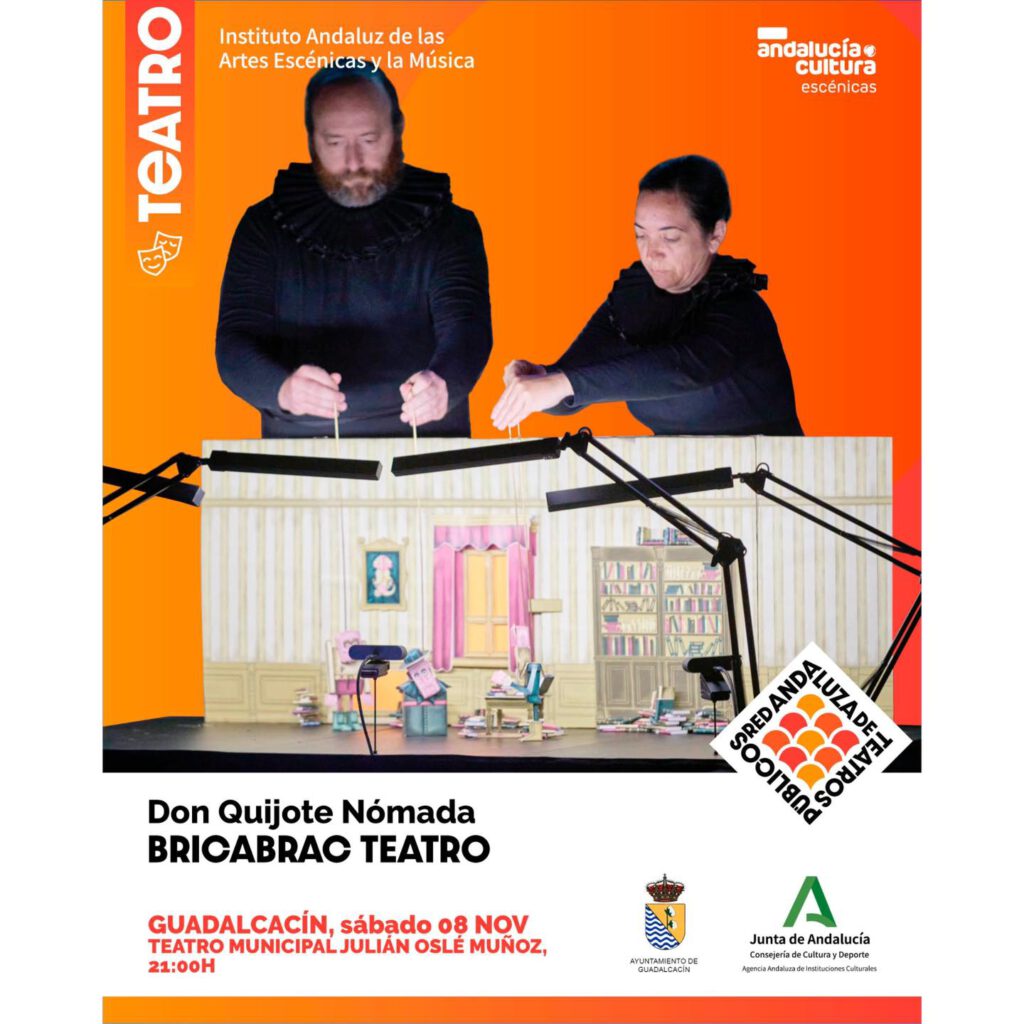 ¡Prepárate para vivir una aventura que Cervantes nunca imaginó! 🌪️📚 El 8 de noviembre en el Teatro Municipal Julián Oslé Muñoz de Guadalcacín (Plaza Artesanía, s/n, Guadalcacín. Cádiz), Don Quijote Nómada de bricAbrac Teatro llega con una propuesta teatral innovadora: títeres en vivo, cinema en directo y un Quijote que salta del libro al escenario para hacer reír, emocionar y sorprender a toda la familia. 🎭✨ Si crees que ya lo has visto todo sobre Don Quijote… ¡espera a verlo convertido en espectáculo visual único! #Guadalcacín #teatro #títeres #livecinema #teatrofamiliar #familiar #niños #cinemaendirecto #directo #bricAbracTeatro #DonQuijoteNómada #donquijote #cervantes #cultura #jerez #cadiz #andalucia #AgenciaAndaluzadeInstitucionesCulturales #AAIICC #AyuntamientodeGuadalcacín